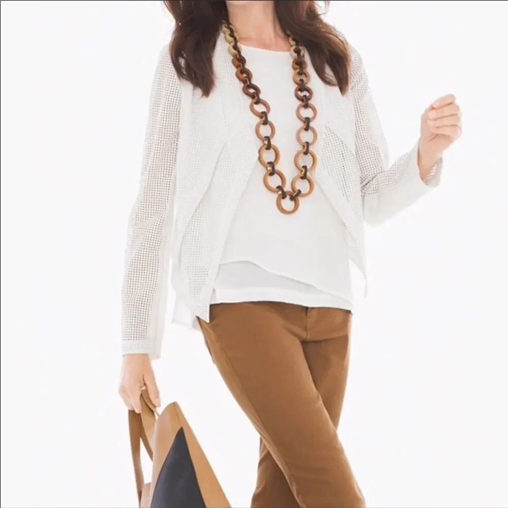 White Perforated Faux Leather Long Sleeve Open Front Blazer Cropped Jacket NEW